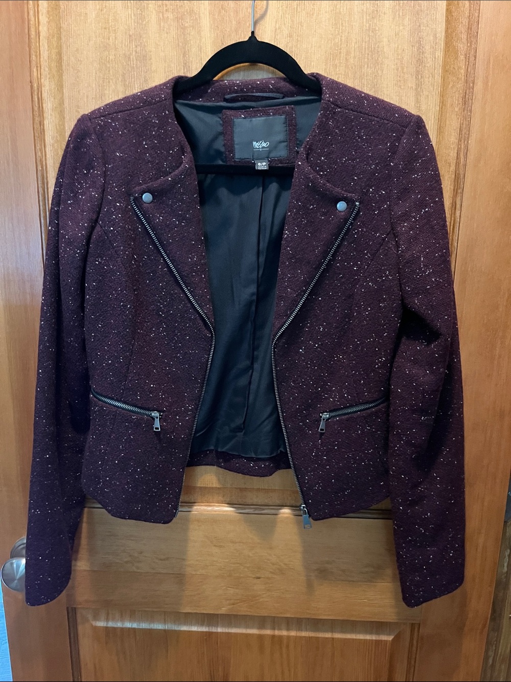 Massimo Burgundy Tweed Zip-Front Blazer